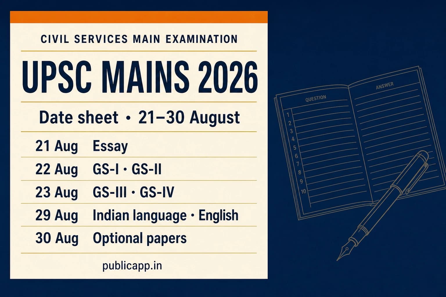 UPSC Mains 2026 Date Sheet: Paper-wise Timetable, Admit Card, and What to Carry