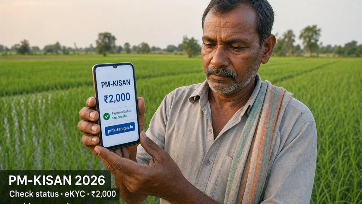 Farmer checking PM-KISAN 2026 payment status on a phone, with ₹2,000 instalment and pmkisan.gov.in on screen