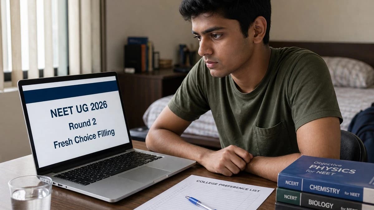 Student checking MCC NEET UG 2026 Round 2 fresh choice filling on a laptop